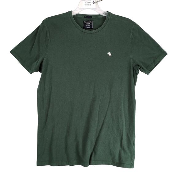 Abercrombie & Fitch Men's L Green T-Shirt Crew Short Sleeve White Moose Logo - Picture 1 of 10